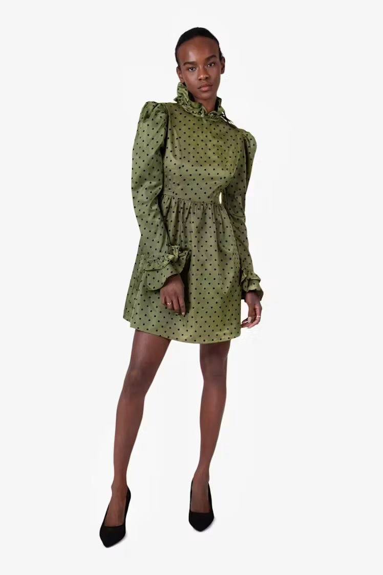 Batsheva Olivgrünes Prairie-Minikleid mit Tupfenmuster