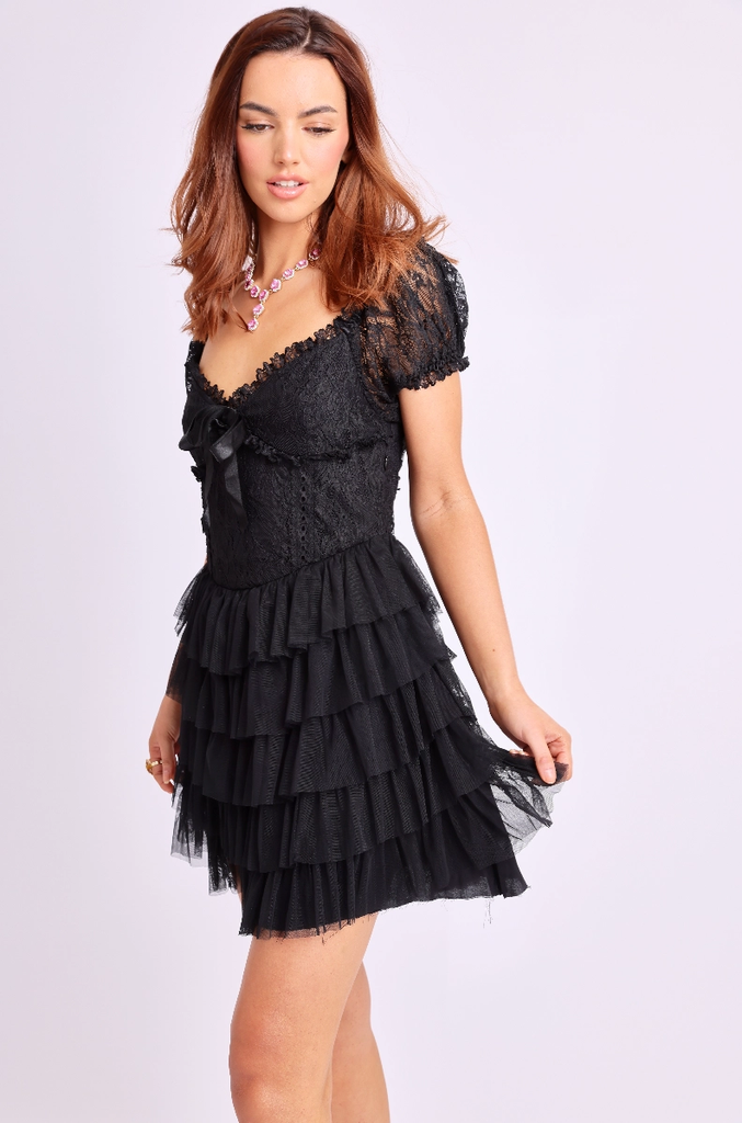 Amy Jane London Black Coquette Tulle Lace Sweetheart Neck Sofia Mini Dress - House Of Huntington