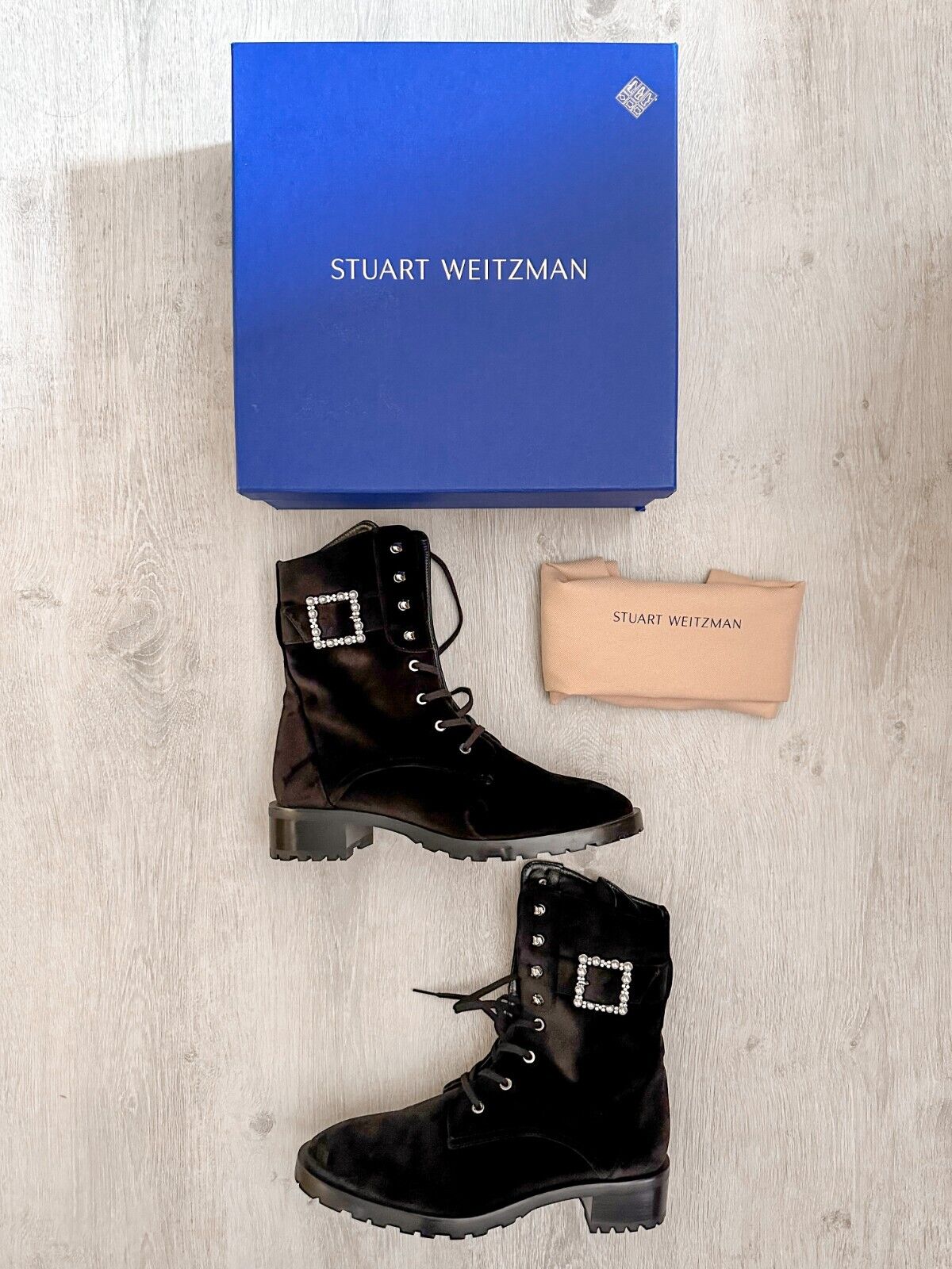 Stuart Weitzman Pearl Crystal Buckle Embellished Lace-up Black Leather Boots
