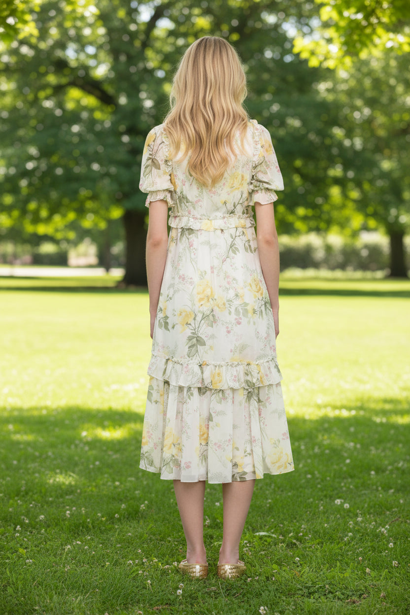 Needle & Thread Floral Rose Print Chiffon Ballerina Midi Dress
