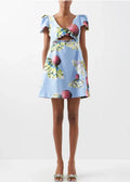 Kika Vargas Blue Floral Print Taffeta Cut-Out Mini Dress