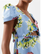 Kika Vargas Blue Floral Print Taffeta Cut-Out Mini Dress