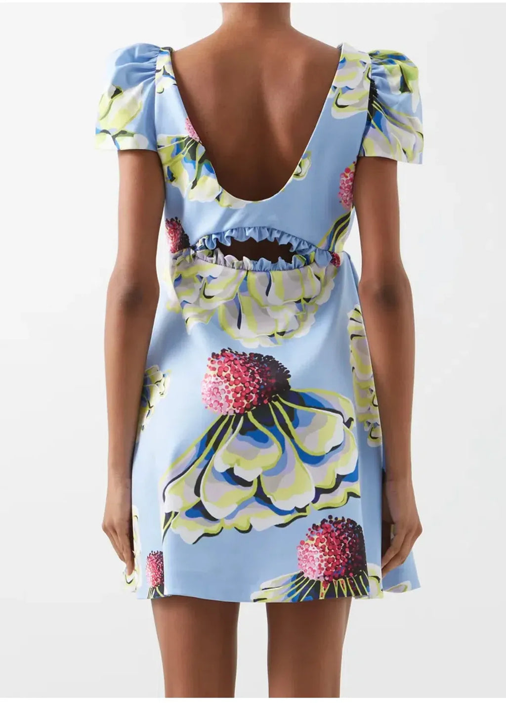 Kika Vargas Blue Floral Print Taffeta Cut-Out Mini Dress