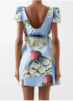 Kika Vargas Blue Floral Print Taffeta Cut-Out Mini Dress