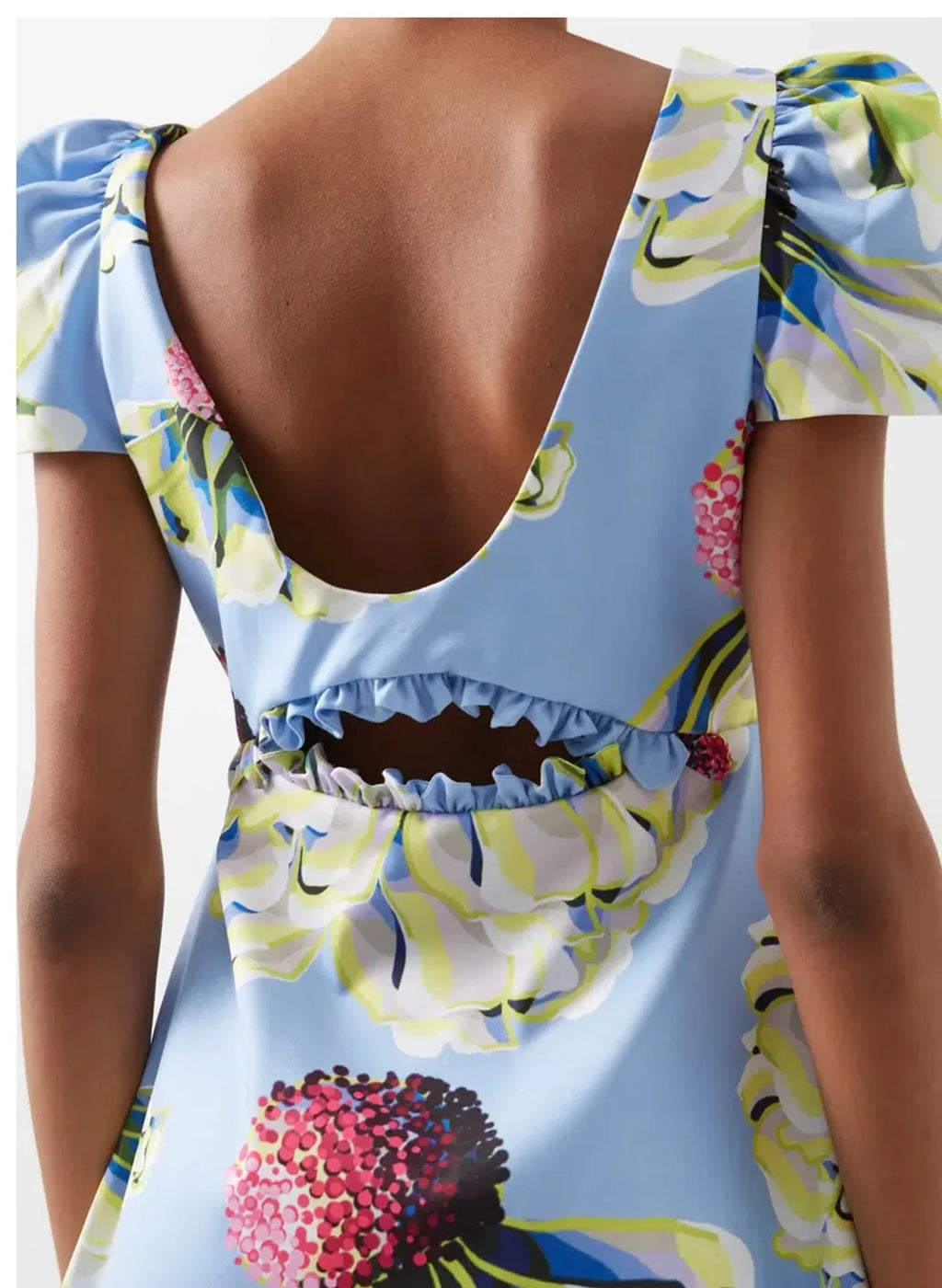Kika Vargas Blue Floral Print Taffeta Cut-Out Mini Dress