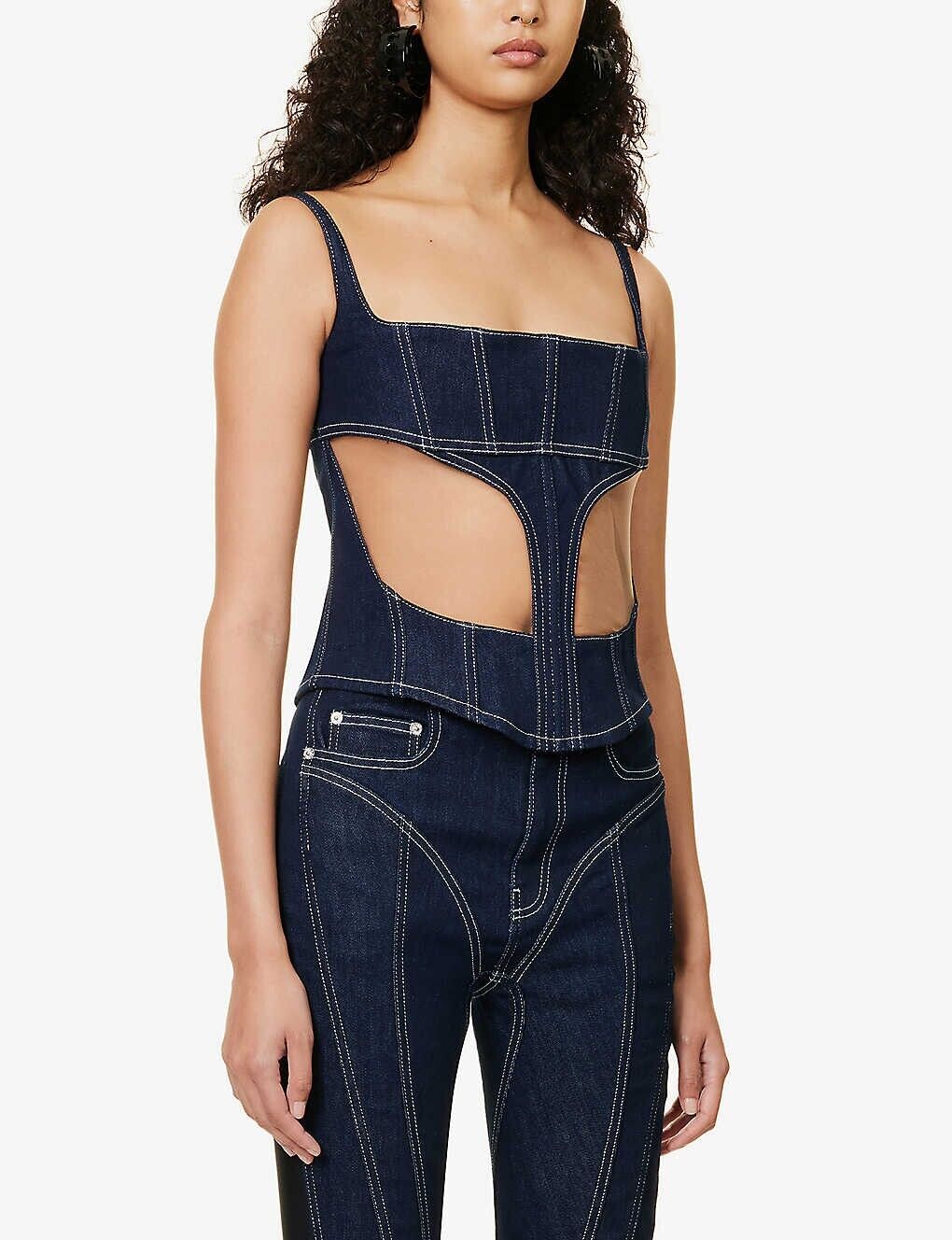 MUGLER Denim Cut-Out Detail Square Neck Corset Top