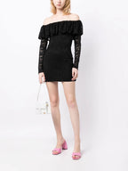 CAROLINE CONSTAS Alessia Black Floral Lace Off Shoulder Mini Dress - House Of Huntington