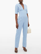 EMILIA WICKSTEAD Bella Pleated Bodice Powder Blue V-Neck Jumpsuit - House Of Huntington
