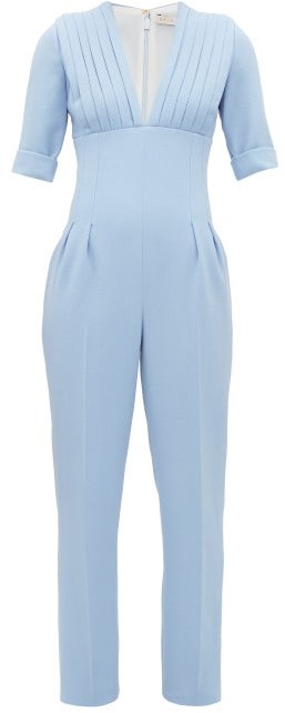 EMILIA WICKSTEAD Bella Pleated Bodice Powder Blue V-Neck Jumpsuit - House Of Huntington