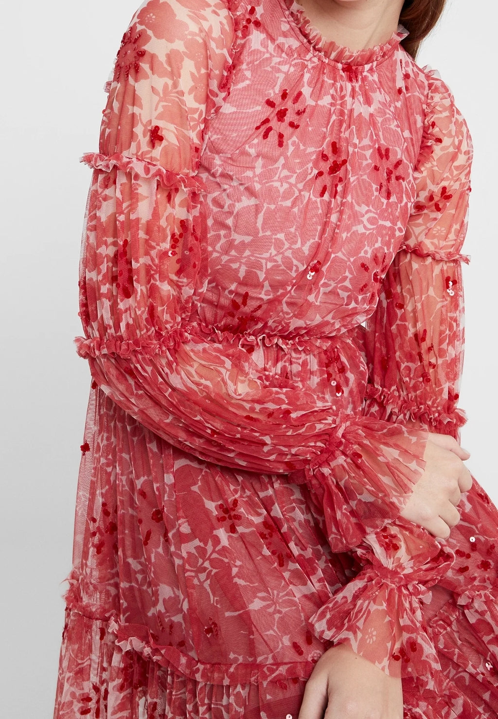 Needle & Thread Red Anya Cherry Flora Long Sleeve Dress