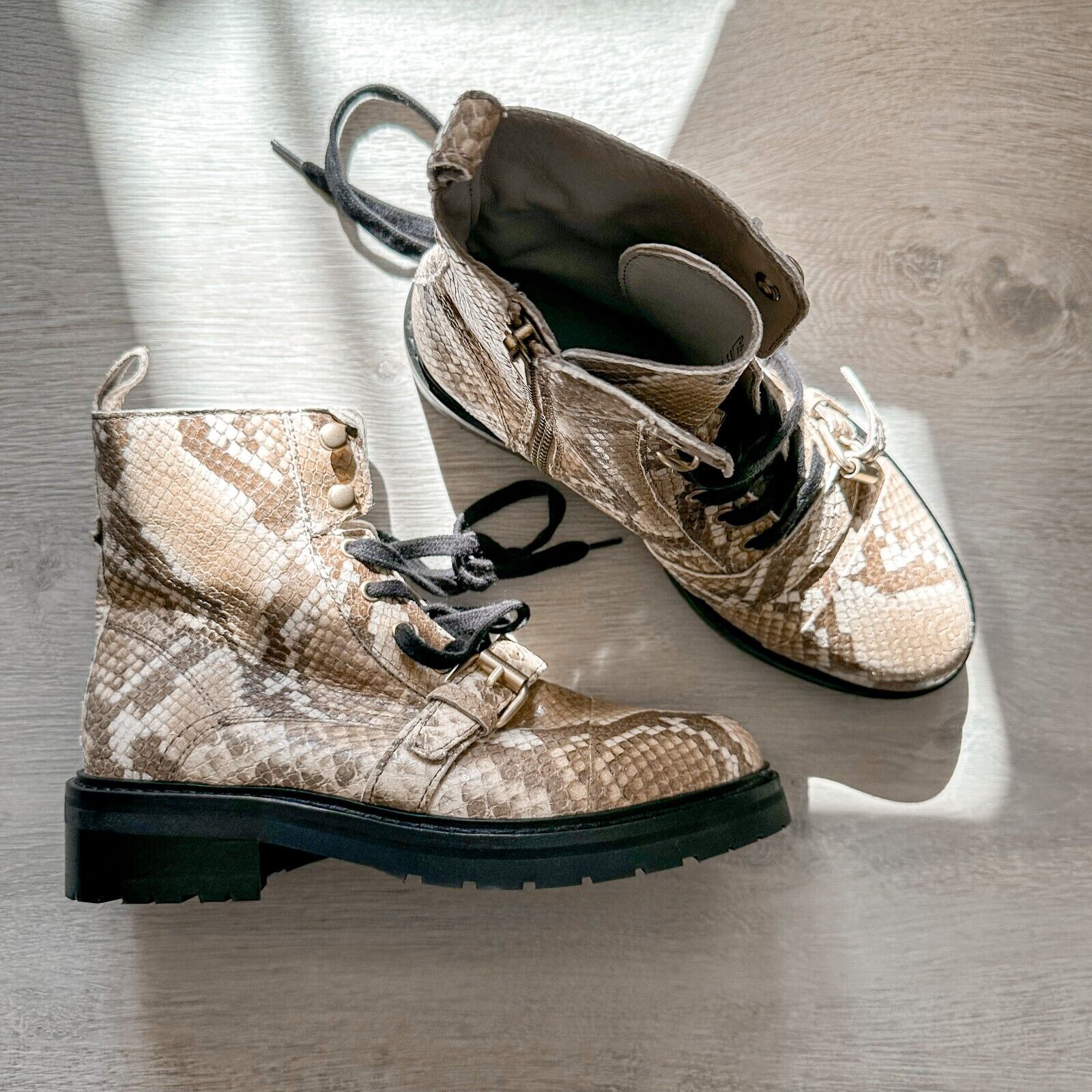 ALLSAINTS Combat Snake Print Lace Zip Chunky Heel Ankle Donita Boots (EU 36)