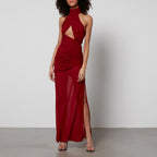 De La Vali Burgundy Red Cairo High Neck Cut-Out Maxi Dress