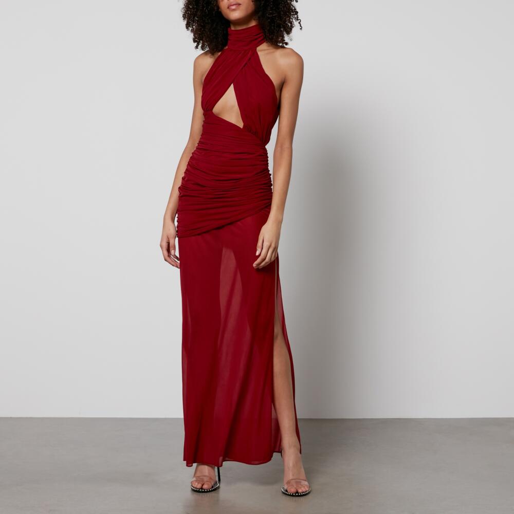 De La Vali Burgundy Red Cairo High Neck Cut-Out Maxi Dress