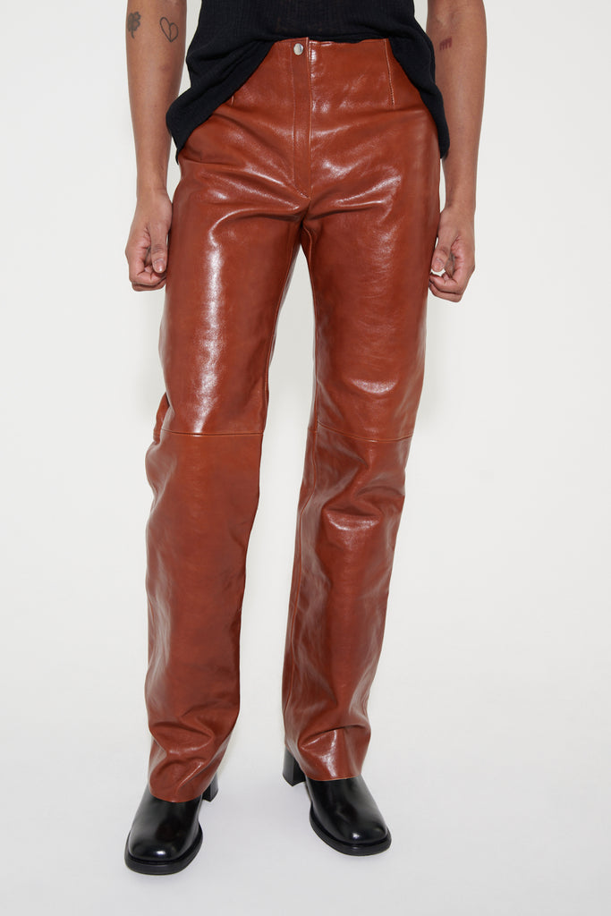 Our Legacy Mens Cognac Brown Leather Biker Pants Trousers - House Of Huntington