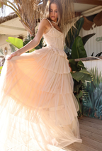 Amy Jane London Champagne Regency Era Corset Bodice Tulle Florence Gown - House Of Huntington