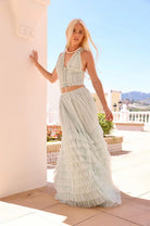 Amy Jane London Aqua Iris Halterneck Corset Bodice Ruffle Tiered Whimsy Skirt Co-Ord Set - House Of Huntington