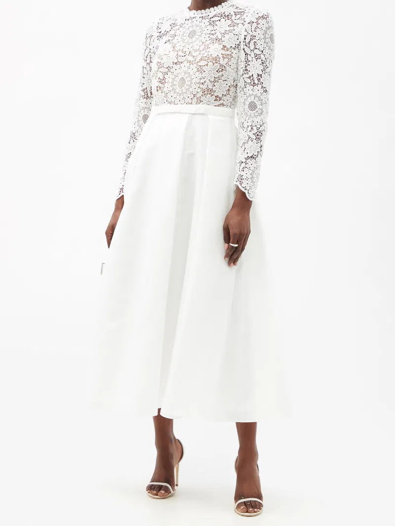 Self-Portrait White Guipure Lace And Taffeta Midi Dress