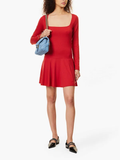 Reformation Coen Red Knit Square Neck Drop Waist Pleat Hem Mini Dress