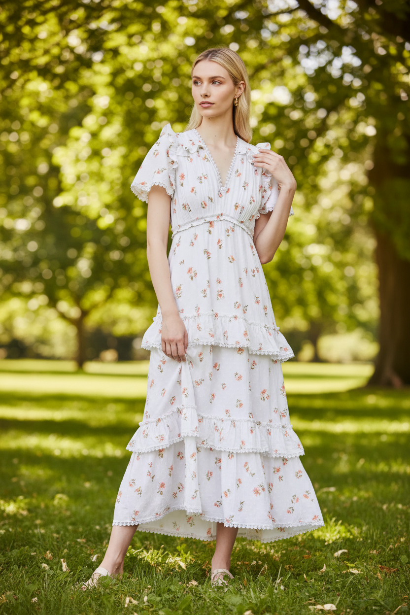 NEEDLE AND THREAD Floral Print Tiered Hem Organic Cotton Midi Dress - House Of Huntington