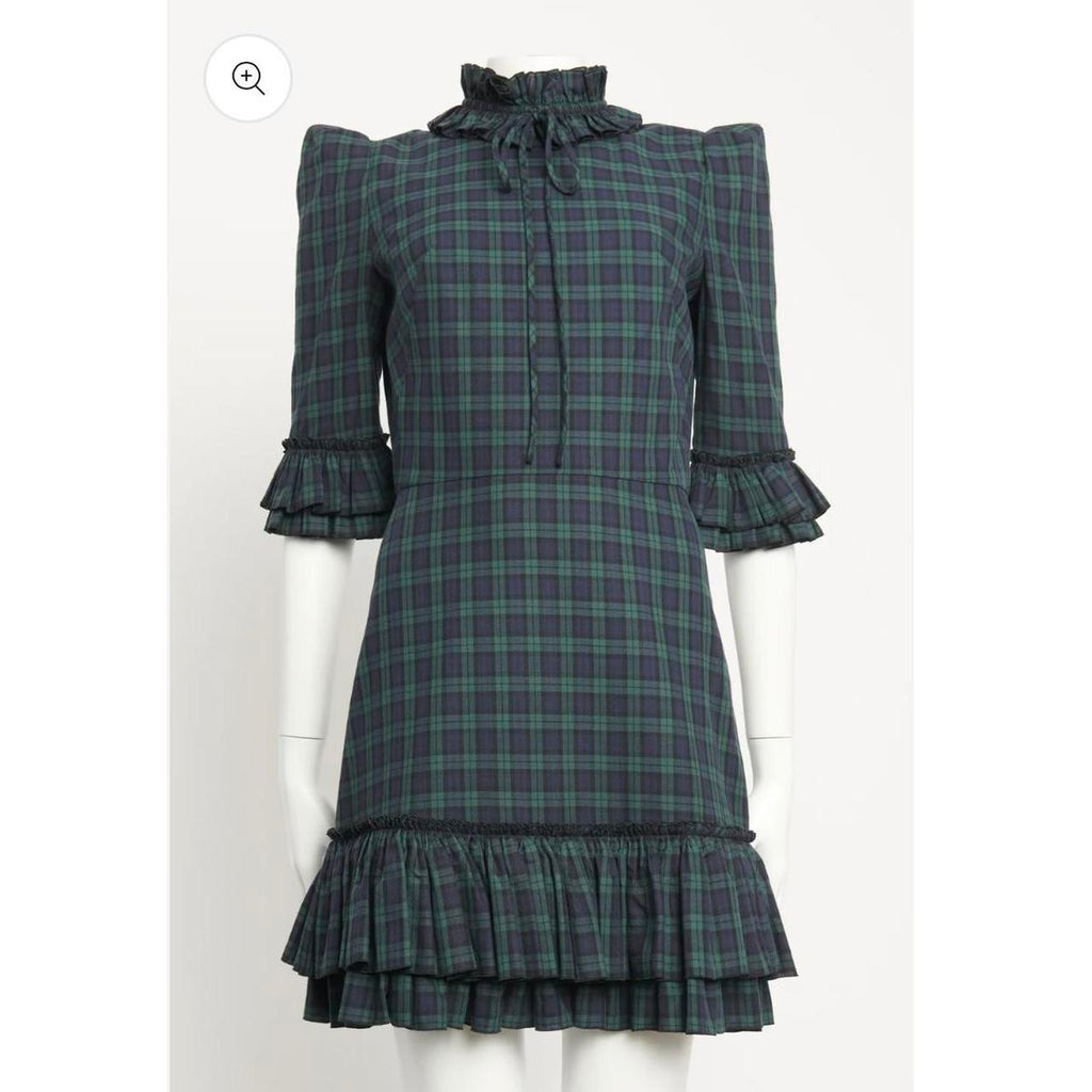 The Vampire's Wife The Trigger Green Navy Check Ruffle Detail Mini Dress - House Of Huntington