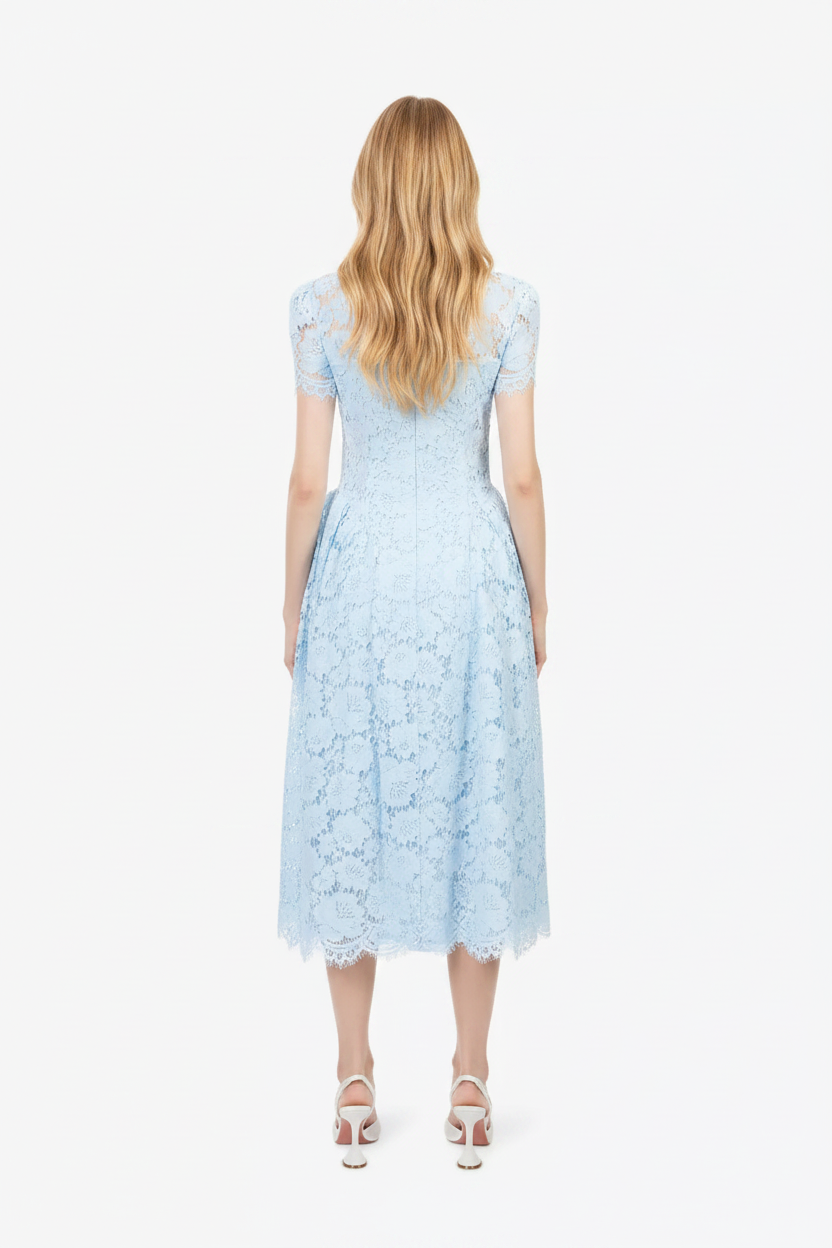 Self-Portrait Powder Blue Floral-Lace Short-Sleeves Woven Midi Dress – House Of Huntington Self-Portrait Powder Blue Floral-Lace Short-Sleeves Woven Midi Dress – House Of Huntington