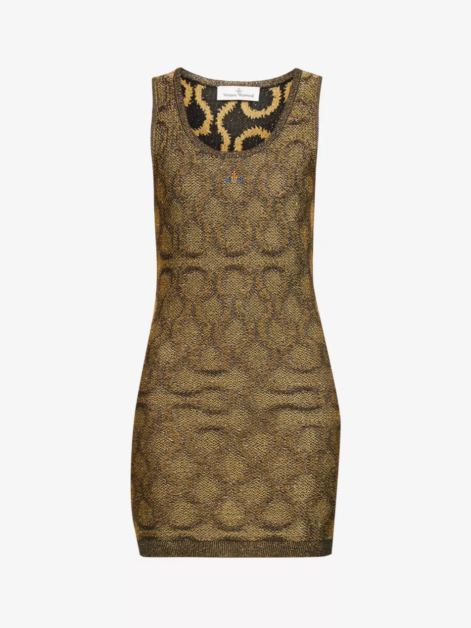 Vivienne Westwood Squiggle Print Knit Black Gold Metallic Mini Dress