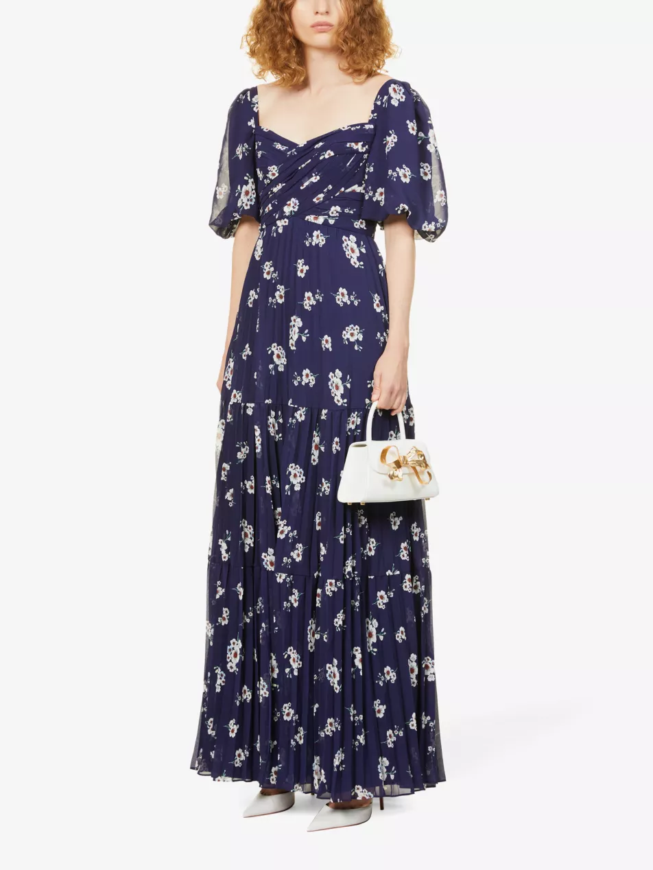 Self-Portrait Pansy Floral Blue Sweetheart Neck Pleated Chiffon Maxi Dress