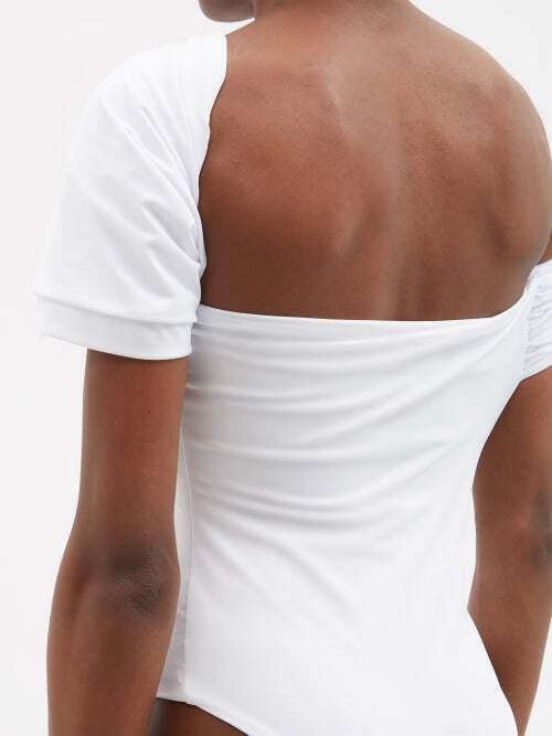 MAXIMILIAN DAVIS Disco White Asymmetric Draped Stretch-jersey Bodysuit Top - House Of Huntington