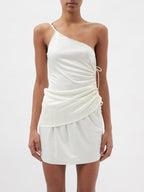 LUDOVIC DE DAINT SERNIN White Asymmetric Lace-Up Side Silk-Jersey Top - House Of Huntington