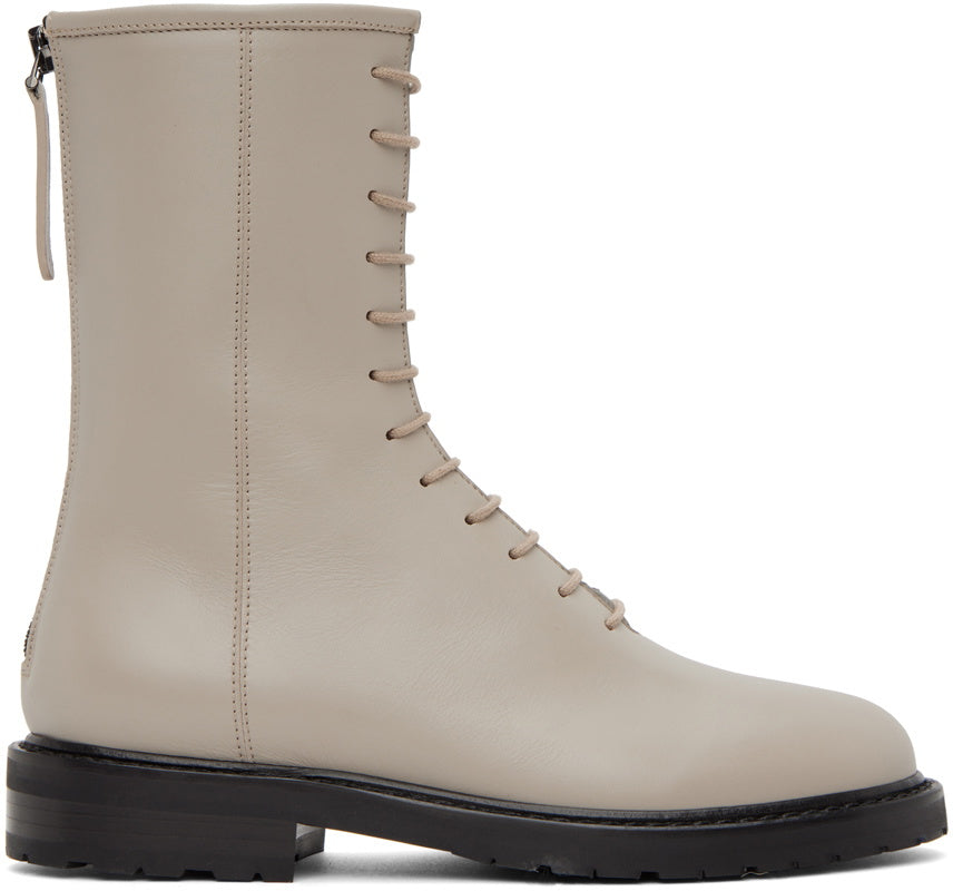 LEGRES Beige Leather Lace-Up Combat Boots
