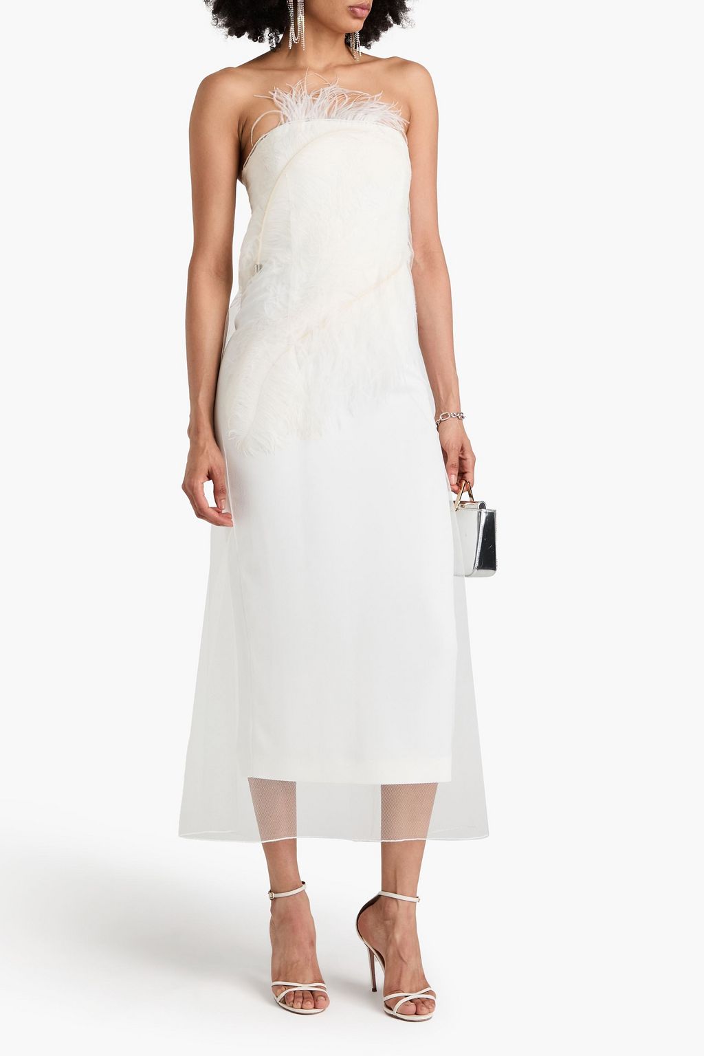 16ARLINGTONアイボリーホワイトミネリフェザートリムクレープネットディテールストラップレスウェディングドレス