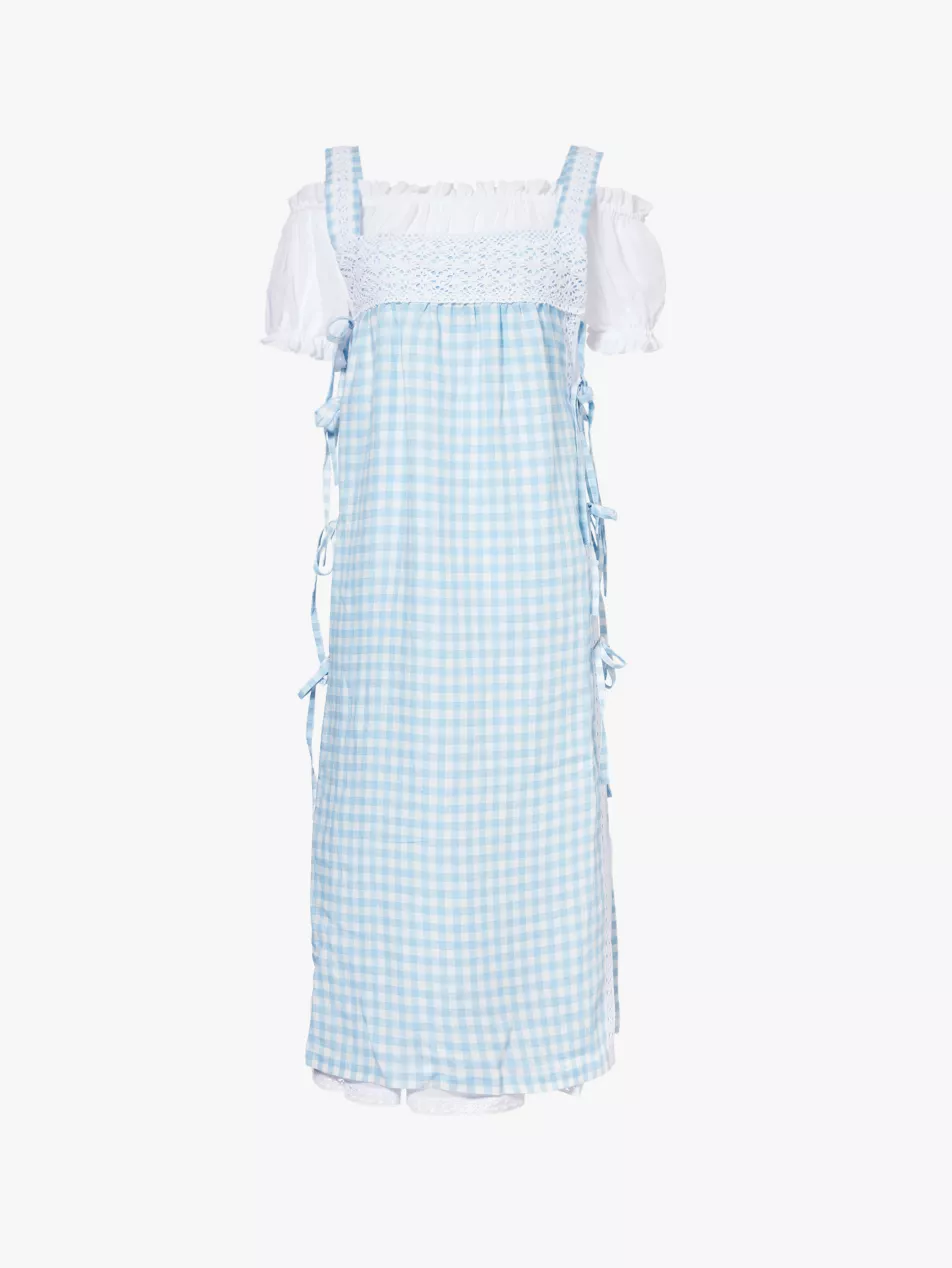 Sleeper Greta Gingham Blue White Pattern Linen Midi Dress