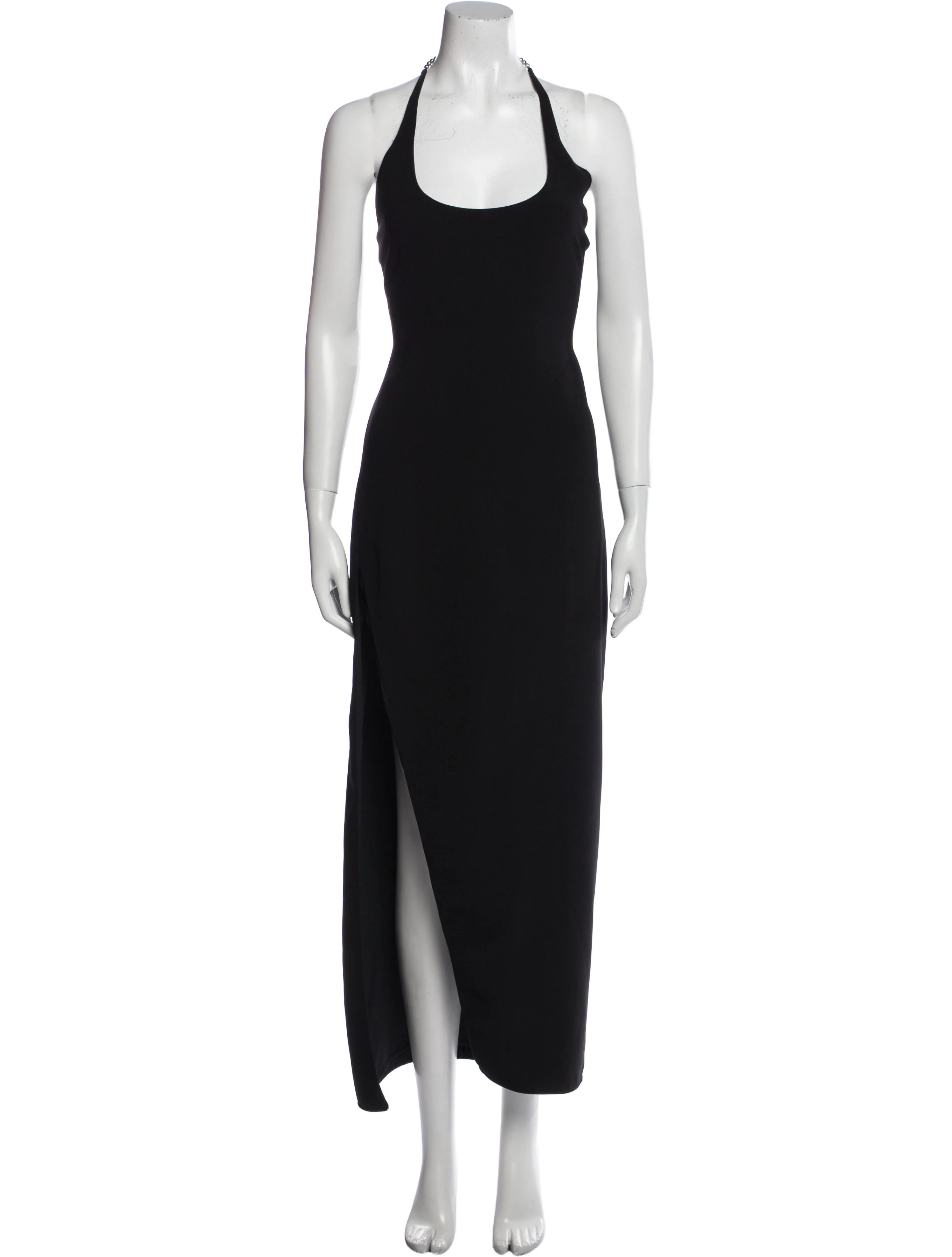 THE ATTICO Black Chain Detail Halterneck High Cut Slit Leg Corinne Dress - House Of Huntington