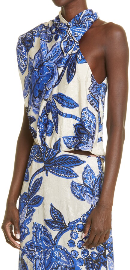 JOHANNA ORTIZ Gotas De Fuego Cutout Draped Floral-Jacquard Blue Midi Dress - House Of Huntington