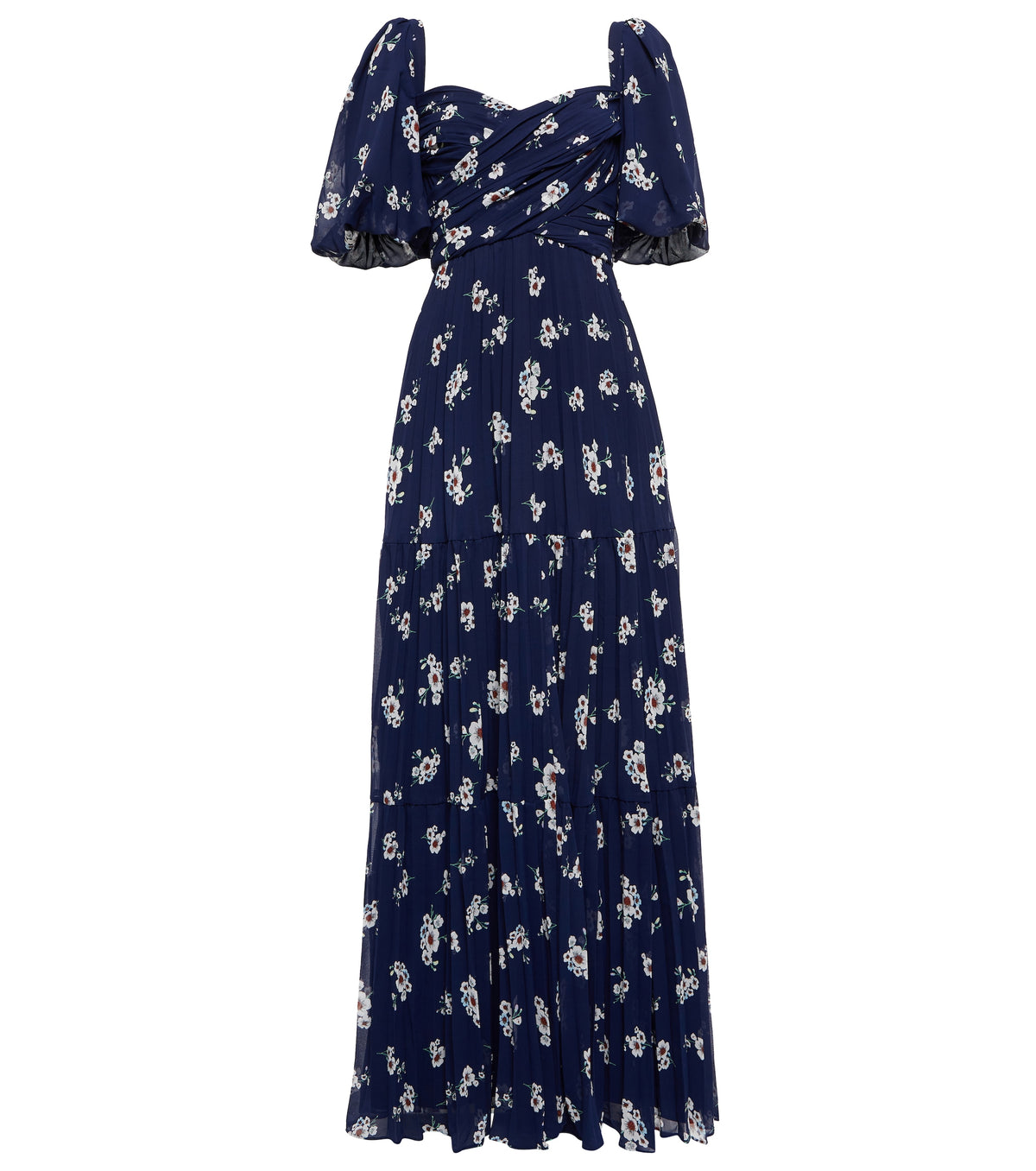 Pansy Floral Sweetheart Neck Pleated Chiffon Maxi Dress