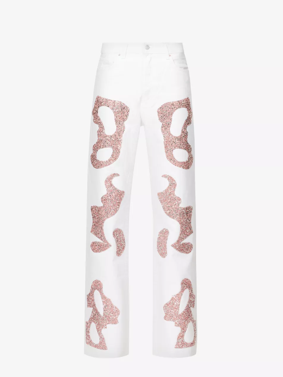 GERMANIER Patch Stone Embellished Straight-Leg Mid-Rise Upcycled-Denim Jeans - House Of Huntington
