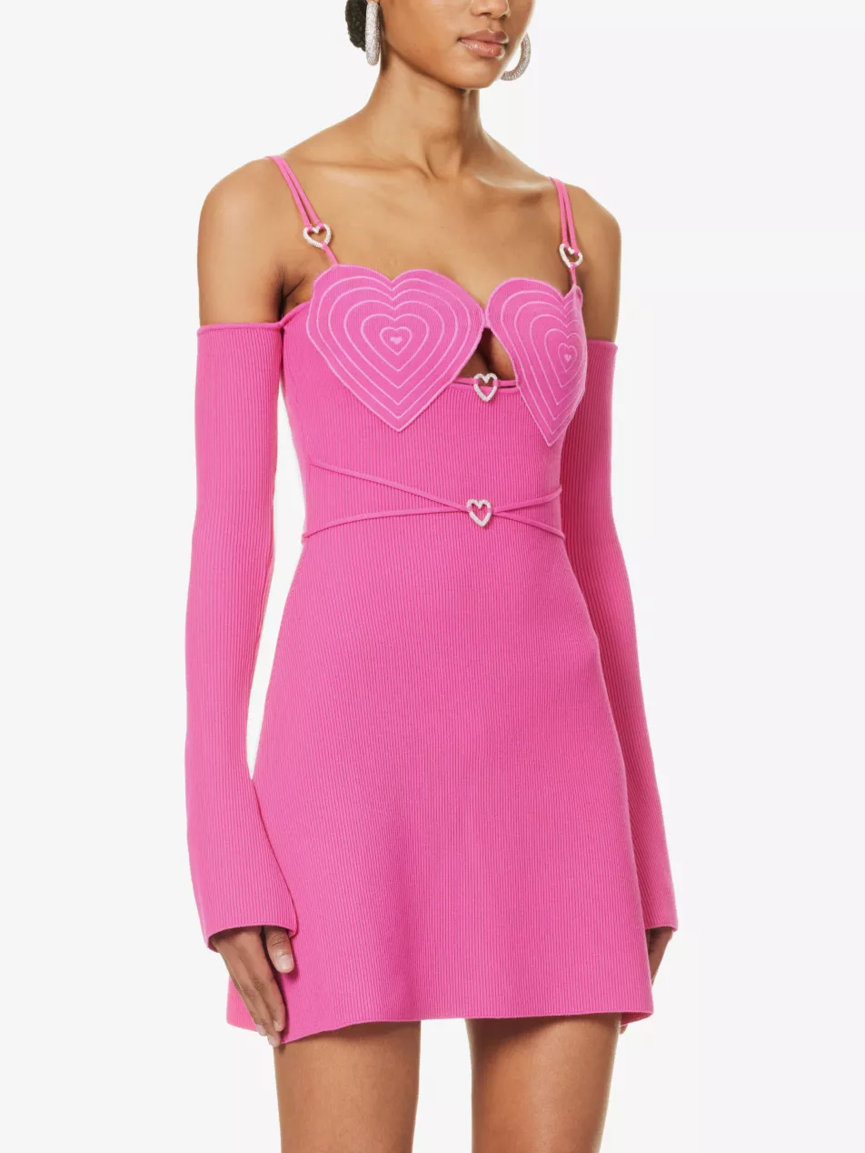 MACH & MACH Love Heart Crystal Detail Pink Knit Off Shoulder Party P21 Mini Dress - House Of Huntington