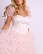 Amy Jane London Pink Kitty Fairytale Satin Corset Bodice Tiered Tulle Hem Maxi Gown Dress - House Of Huntington