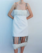 CHRISTOPHER KANE Bridal White Feather Detail Crystal Chain Fringe Hem Mini Dress - House Of Huntington
