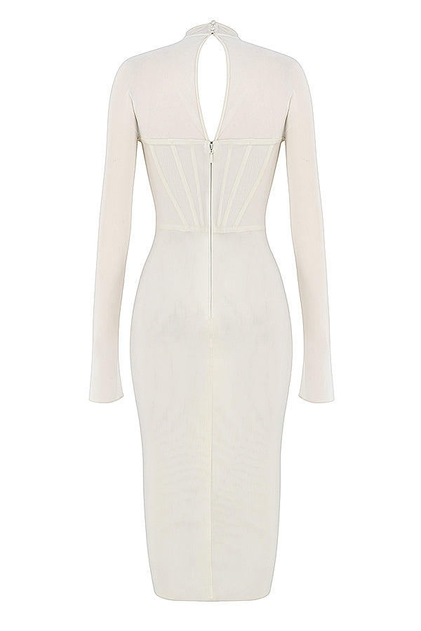 House Of CB Millarose White Mesh Corset Long Sleeve Collared Open Front Midi Dress