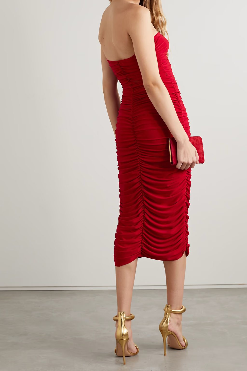 norma kamali red dress Norma Kamali Red Slinky Gathered Ruched Sweetheart Neck Strapless Dres – House Of Huntington