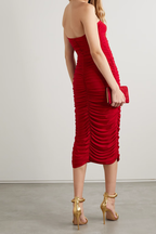 Norma Kamali Red Slinky Gathered Ruched Sweetheart Neck Strapless Dress