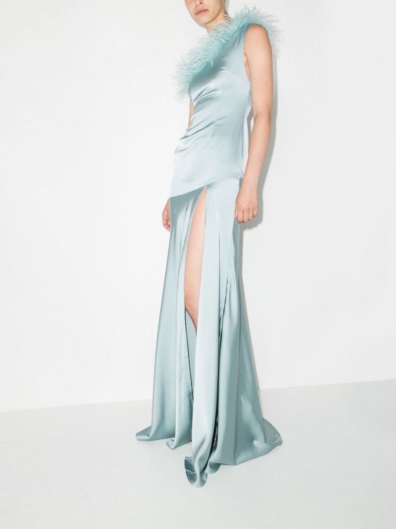 De La Vali Blue Satin Finca Feather Trim One Shoulder Gown Dress