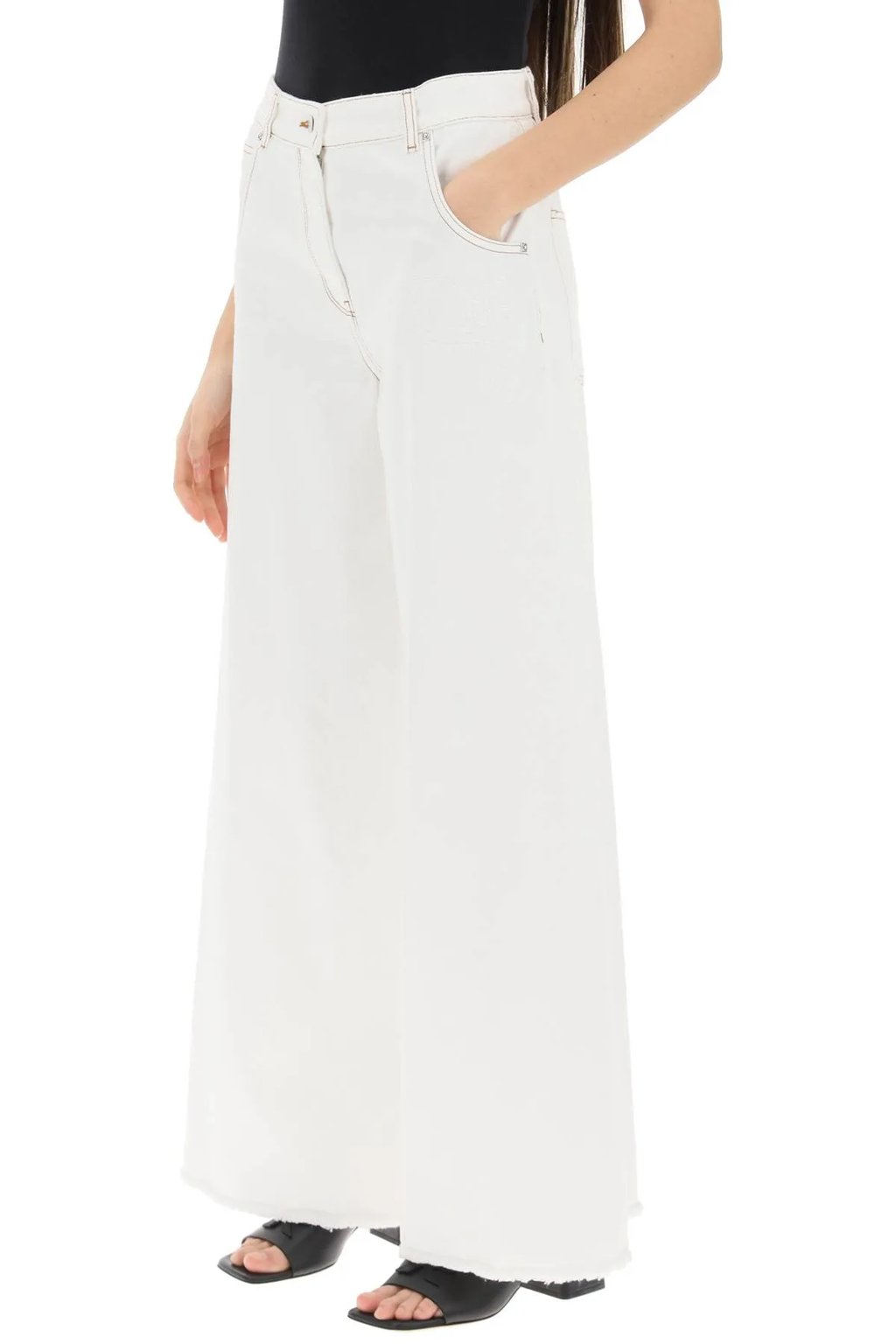 Etro White Denim  Paisley Embroidered Palazzo Wide Leg  Jeans