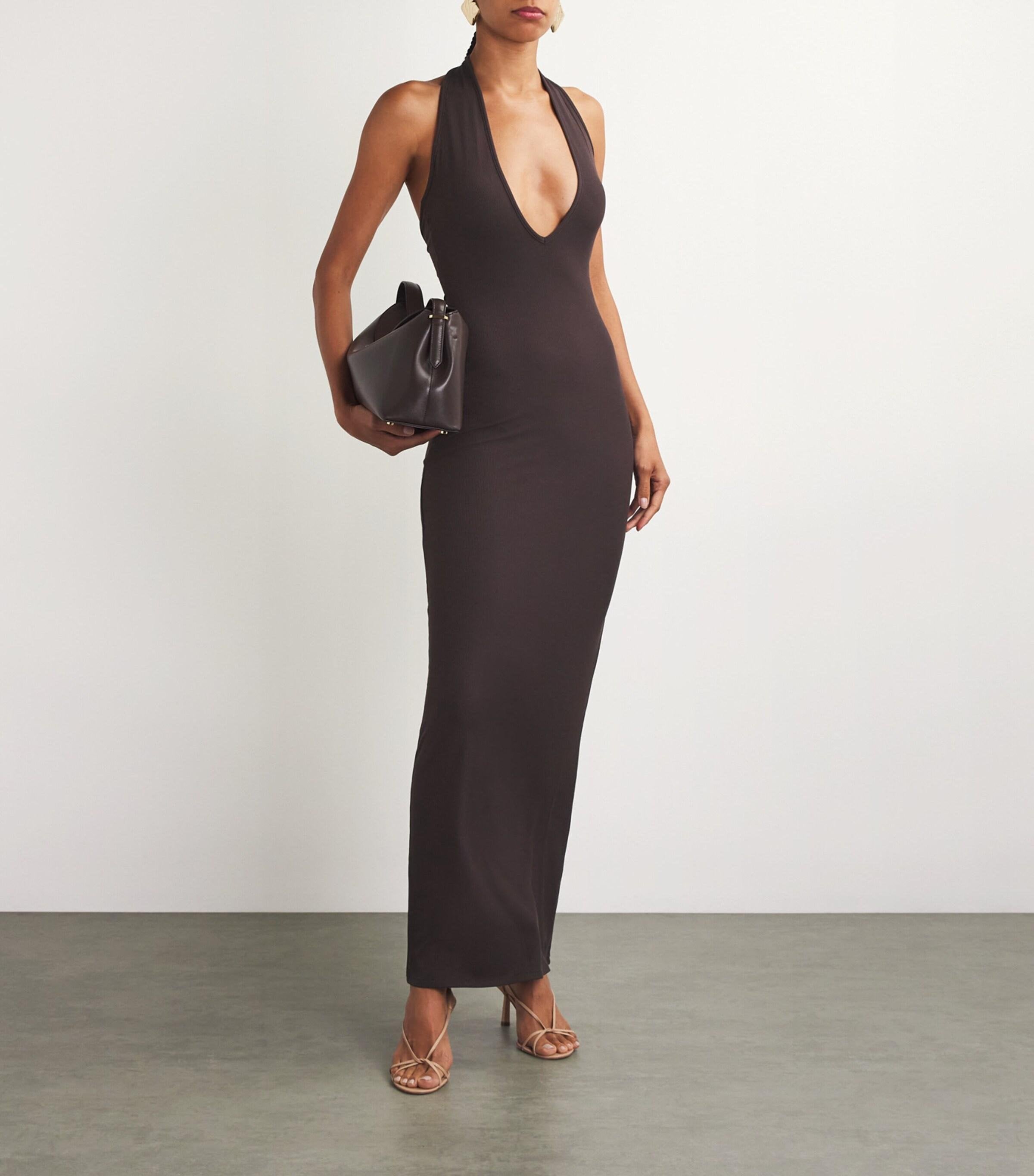 Skims Soft Lounge Plunge Halterneck Maxi Dress - Brown