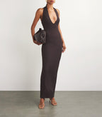 Skims Brown Ribbed Knit Stretch Woven Halterneck Maxi Dress