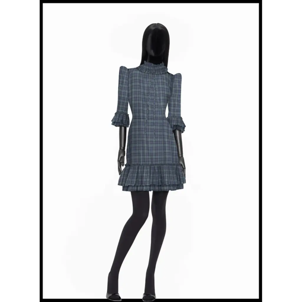 The Vampire's Wife The Trigger Green Navy Check Ruffle Detail Mini Dress - House Of Huntington