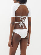 CHRISTOPHER ESBER White Seed Bead Embroidered Backless Tie-Up Bikini Top - House Of Huntington