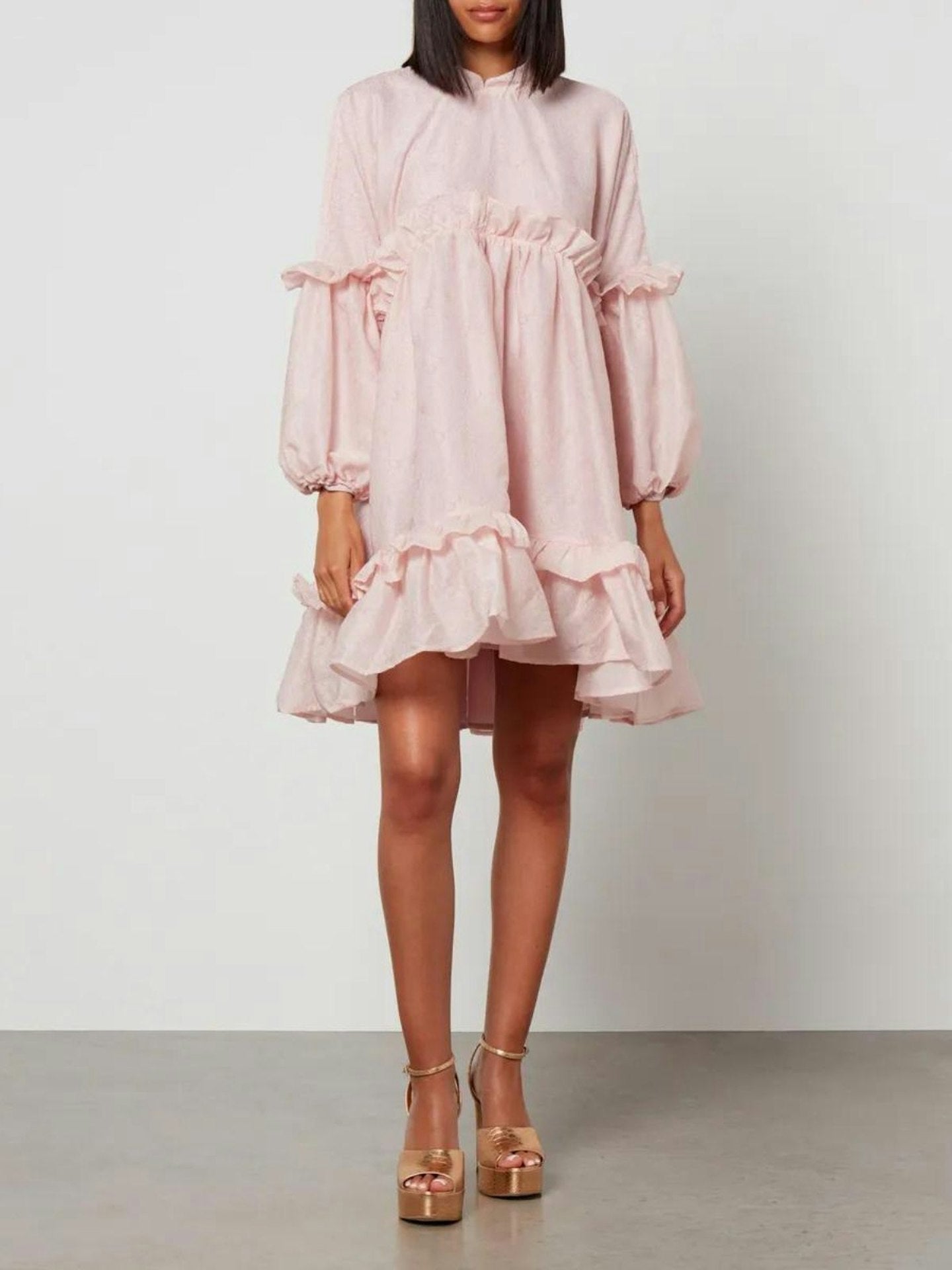 Sister Jane Pink Tiered Skirt Woven Mini Puff Sleeve Dress