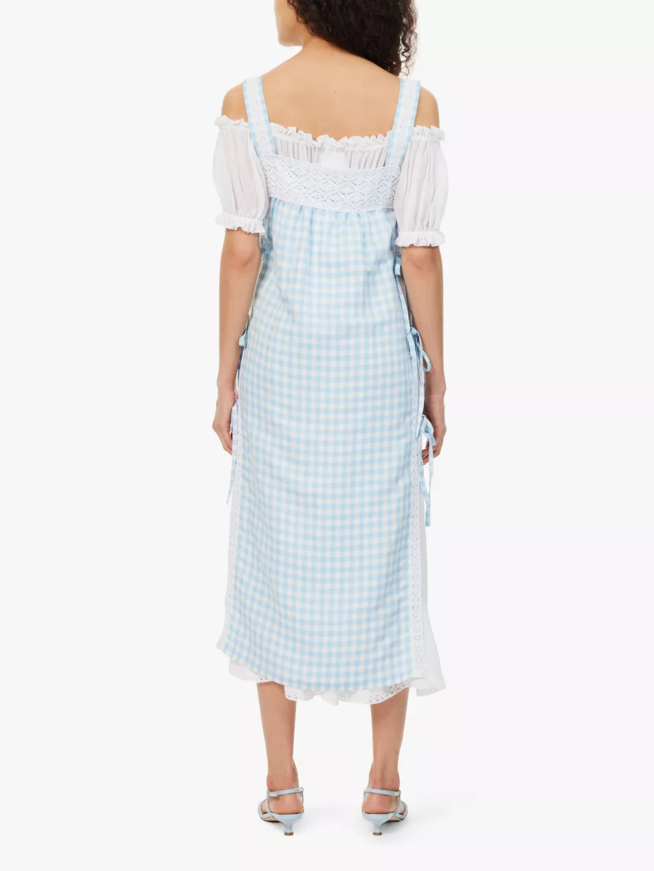 Sleeper Greta Gingham Blue White Pattern Linen Midi Dress